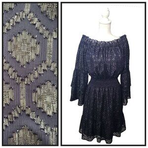 Lucky Brand Women’s Medium Navy Off Shoulder Smocked Waist Boho Dress